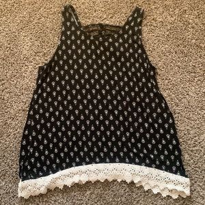 Girls Black & White Patterned Tank Top with Lace Trim